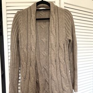 CABI  Acorn Tan Cable Knit Long Cardigan Sweater Open Front #591